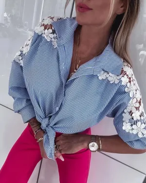 Striped Turn down Collar Long Sleeve Contrast Lace Shirt Casual Tied Detail Blouse