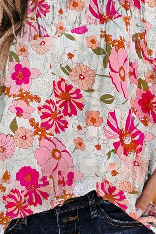 Sweet Chic Floral Mock Neck Balloon Sleeve Blouse