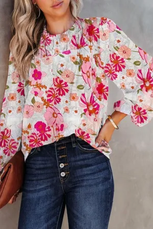 Sweet Chic Floral Mock Neck Balloon Sleeve Blouse