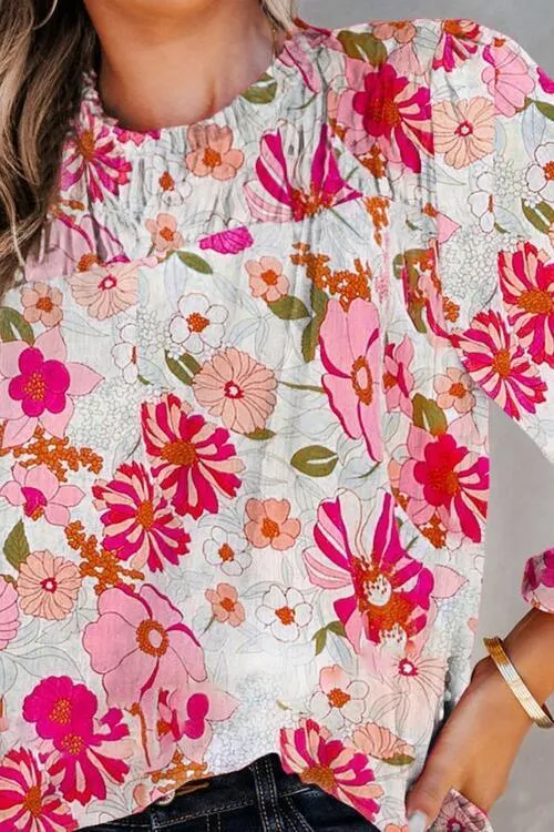 Sweet Chic Floral Mock Neck Balloon Sleeve Blouse