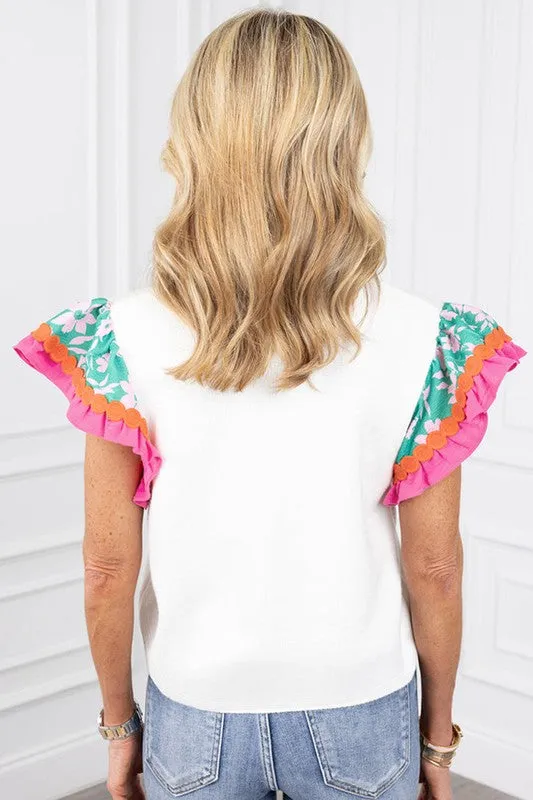 Women Contrast Ricrac Floral Sleeve Top