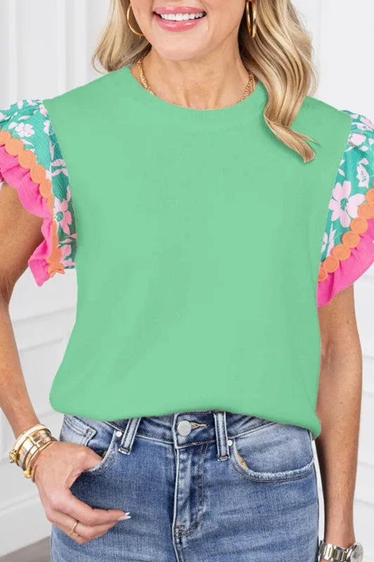 Women Contrast Ricrac Floral Sleeve Top