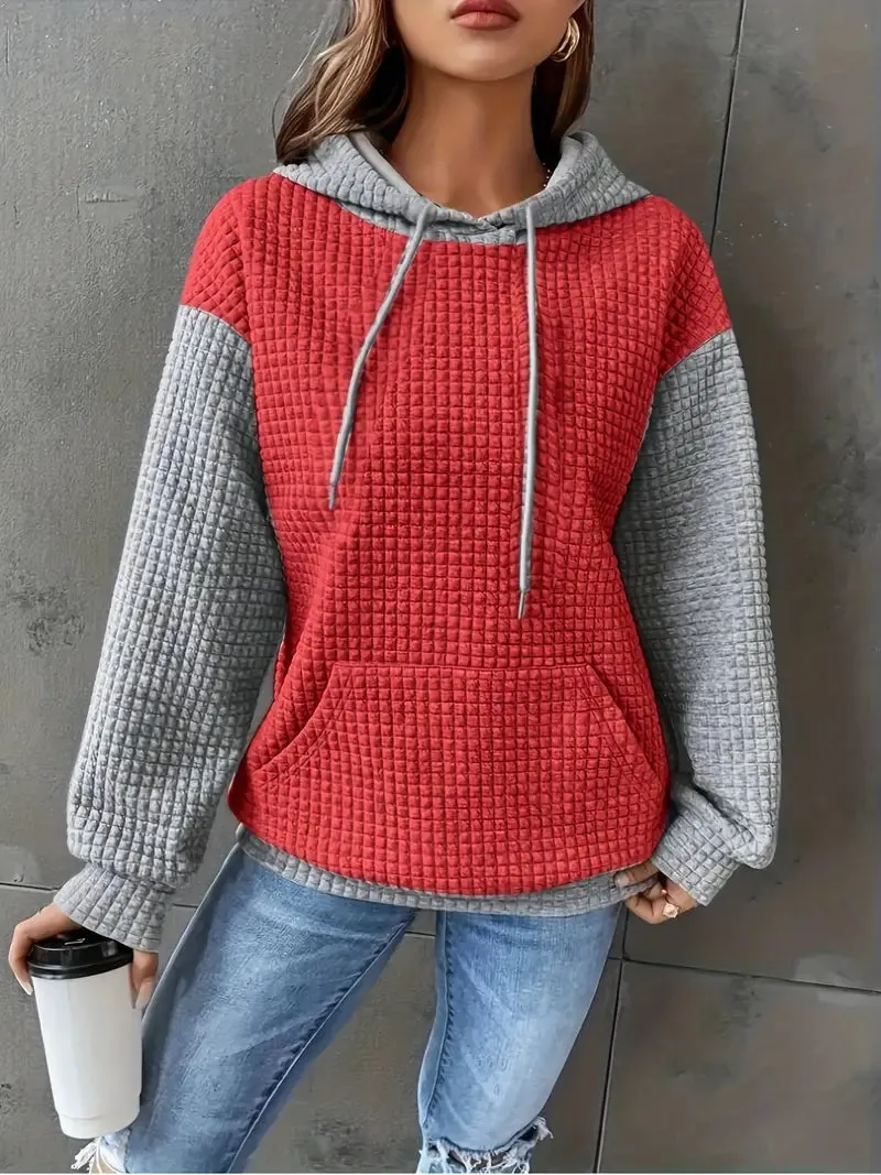 Women's Cozy Waffle Knit Oversized Hoodie – Vibrant Red, Long Sleeve, Drawstring Hood, Fall/Winter