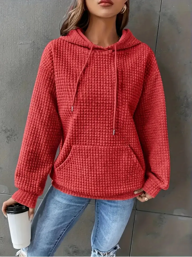 Women's Cozy Waffle Knit Oversized Hoodie – Vibrant Red, Long Sleeve, Drawstring Hood, Fall/Winter