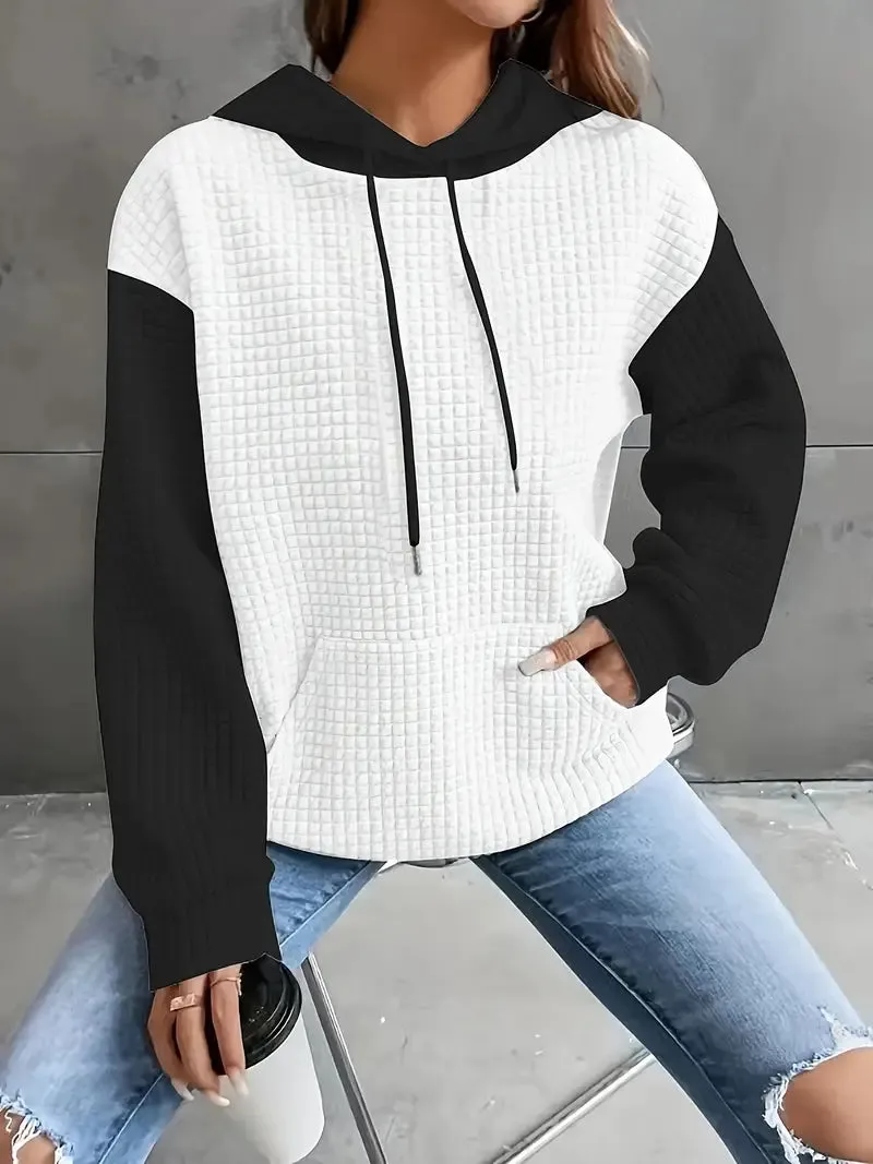 Women's Cozy Waffle Knit Oversized Hoodie – Vibrant Red, Long Sleeve, Drawstring Hood, Fall/Winter